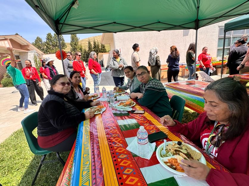 Teachers at colorful table